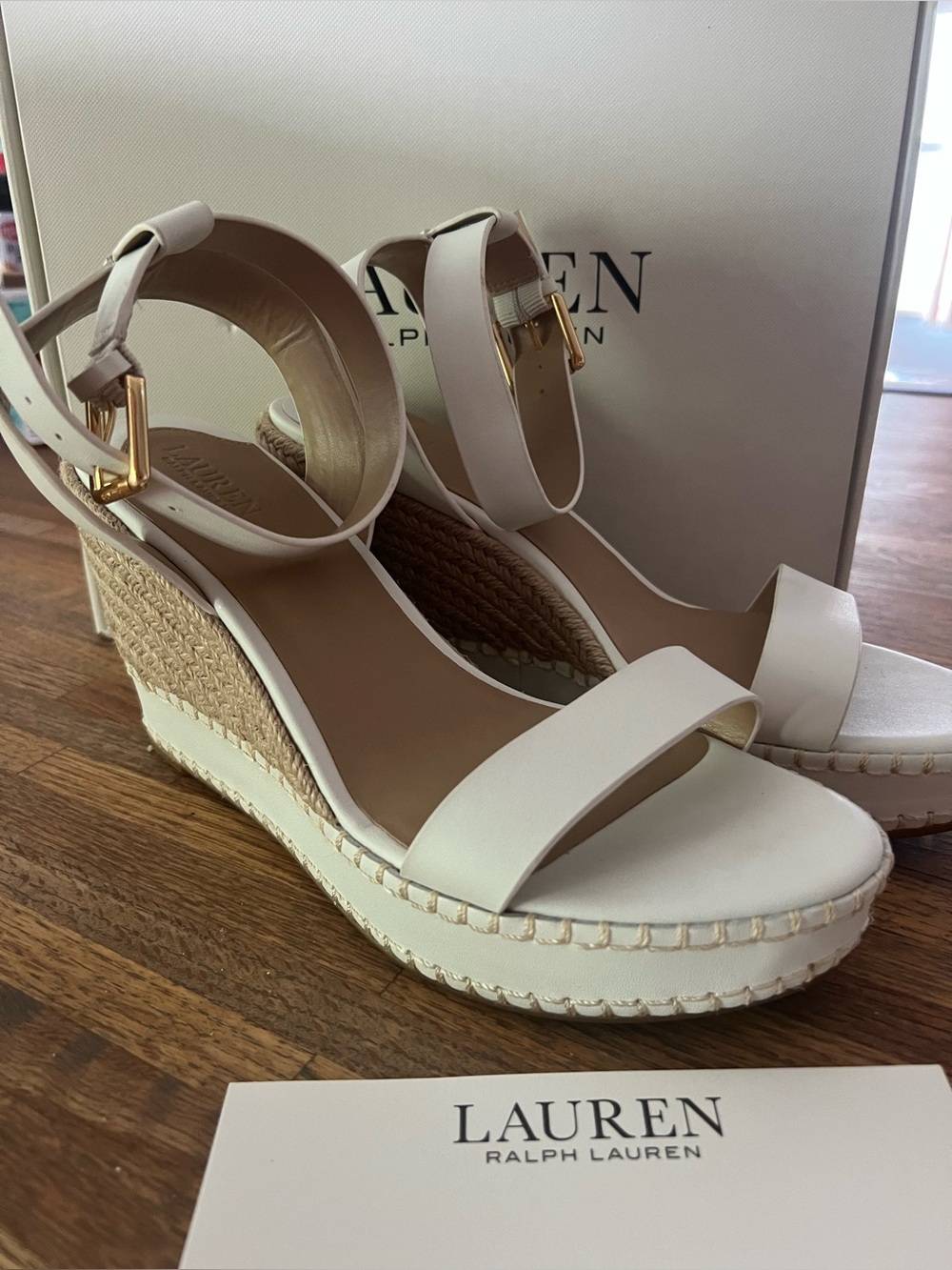 Ralph Lauren Cream Espadrille Wedge Sandals with Ankle Strap Hilarie Snow White
